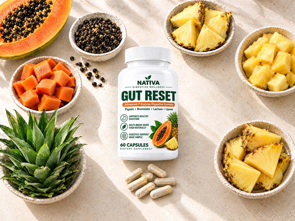 The Nativa Gut Reset bottle with papaya and pineapple
