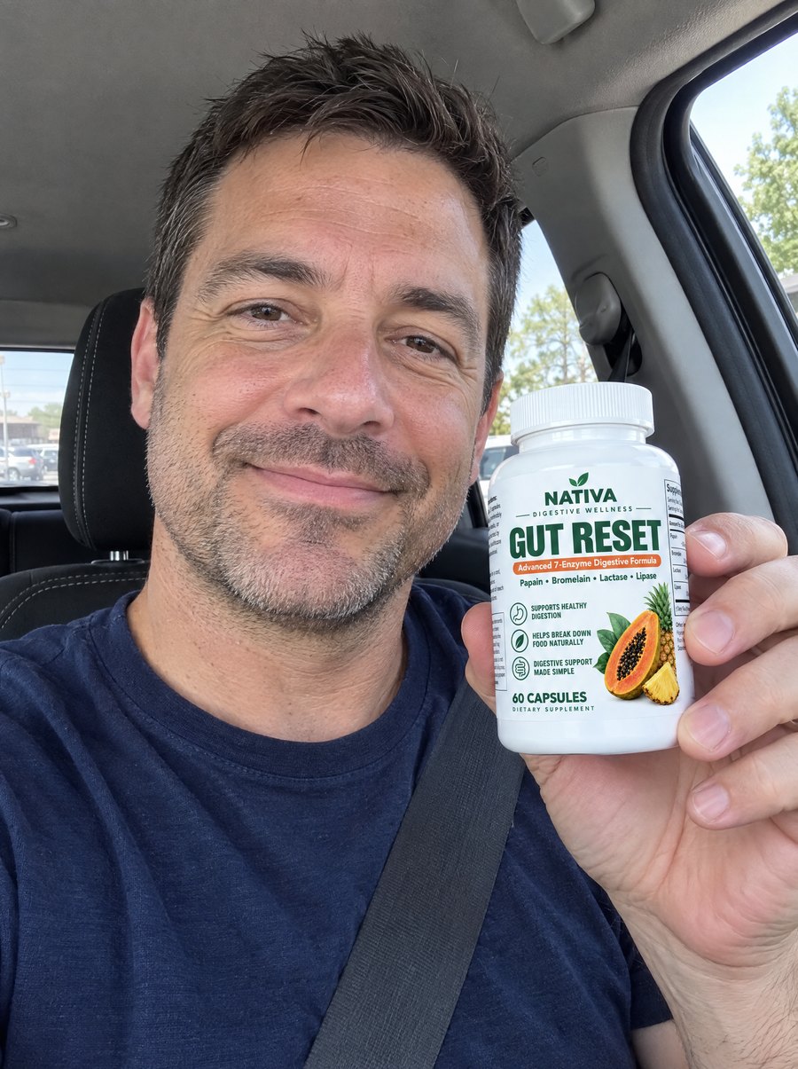 A man in his car holding the Nativa Gut Reset bottle