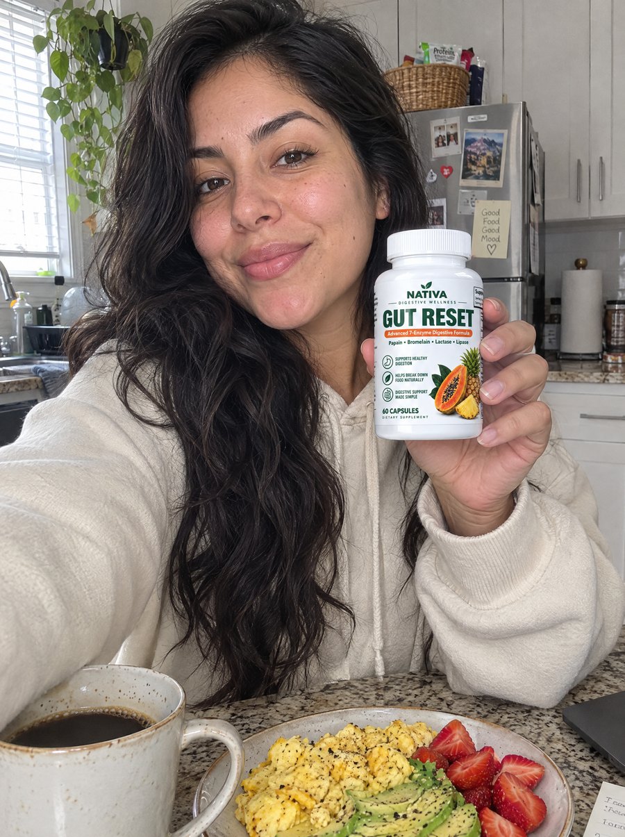 A woman at breakfast holding the Nativa Gut Reset bottle