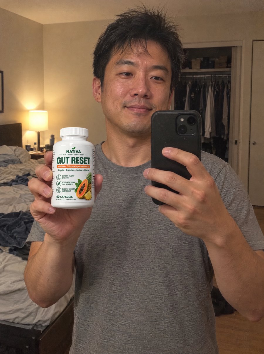 A man taking a mirror selfie with the Nativa Gut Reset bottle
