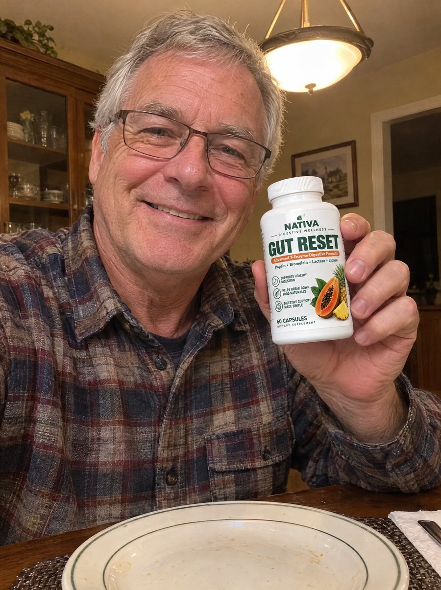 A man at his dinner table holding the Nativa Gut Reset bottle
