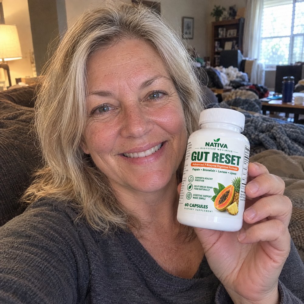 A woman at home holding the Nativa Gut Reset bottle
